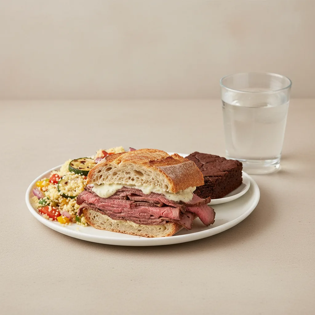 Roast Beef Sandwich, Couscous, Eli's Brownie, Water Roast Beef Sandwich, Couscous, Eli's Brownie, Water