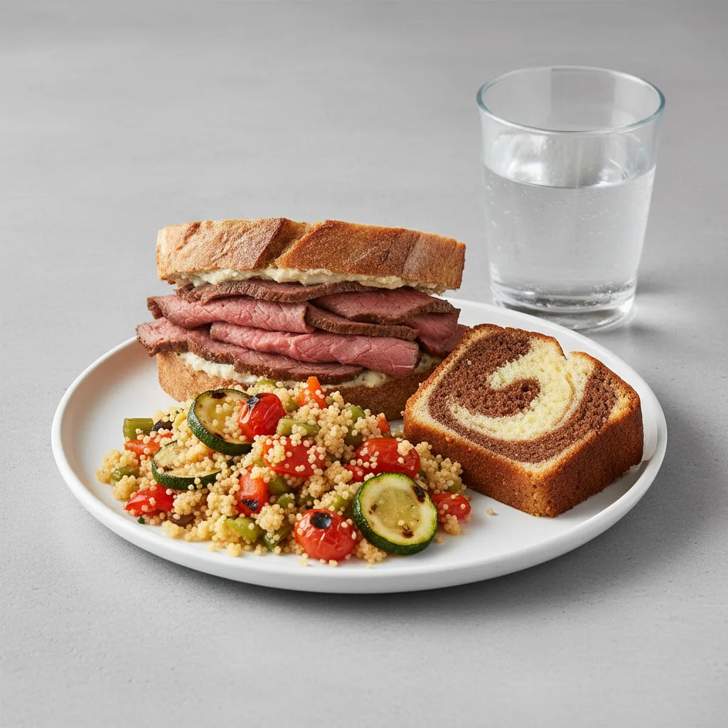 Roast Beef Sandwich, Couscous, Poundcake, Water Roast Beef Sandwich, Couscous, Poundcake, Water