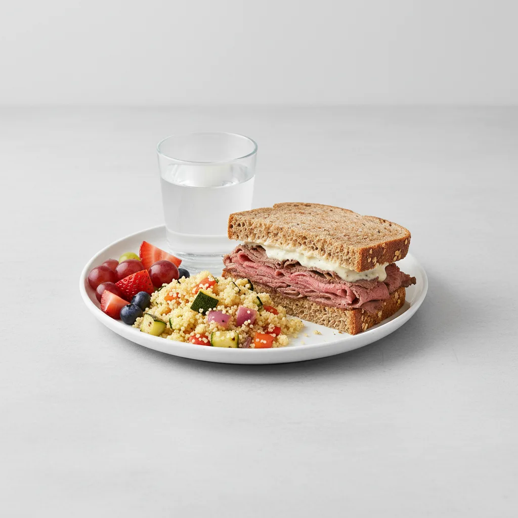 Roast Beef Sandwich, Couscous, Fruit, Water Roast Beef Sandwich, Couscous, Fruit, Water