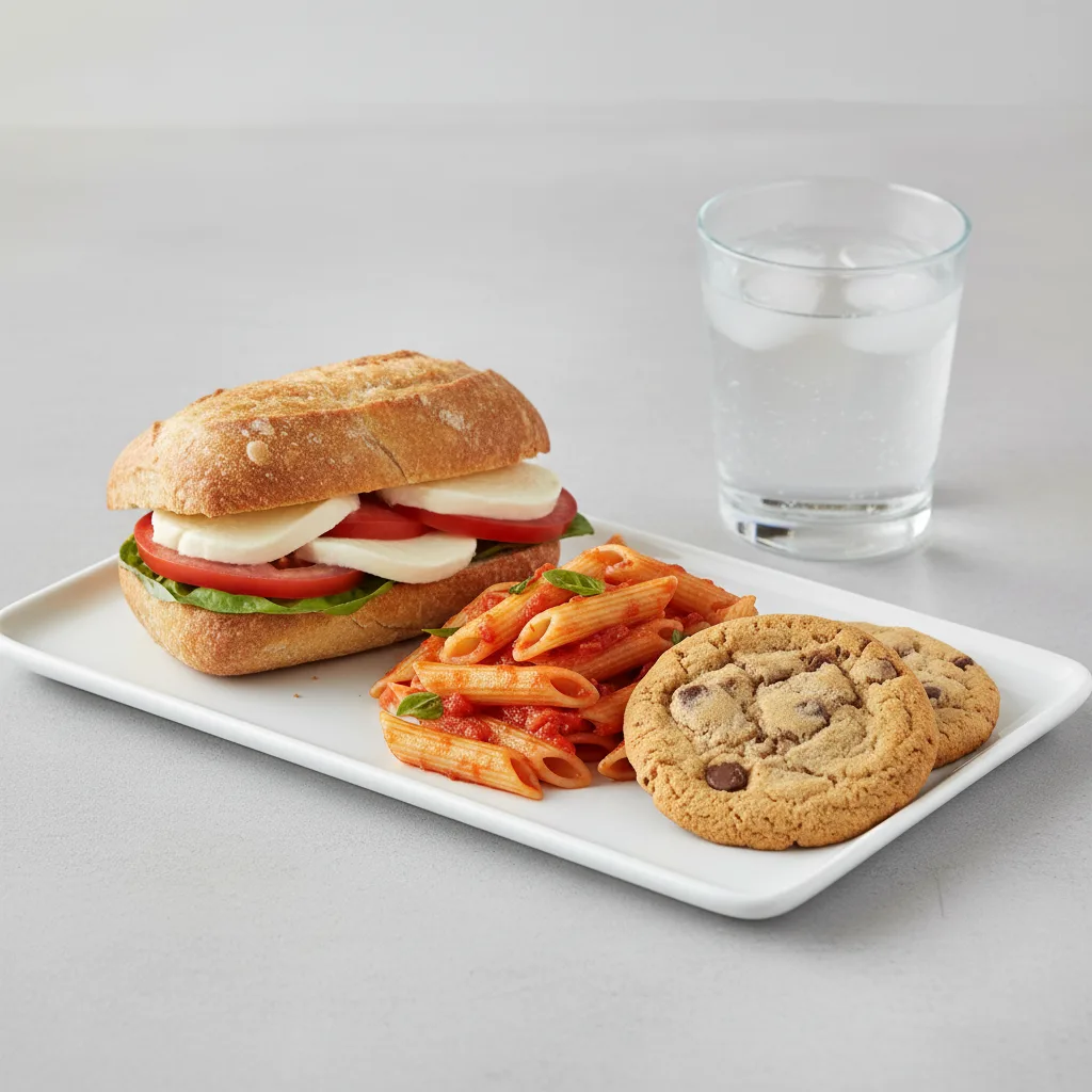 Mozzarella, Tomato and Basil Sandwich, Tomato Basil Penne, Cookie, Water Mozzarella, Tomato and Basil Sandwich, Tomato Basil Penne, Cookie, Water