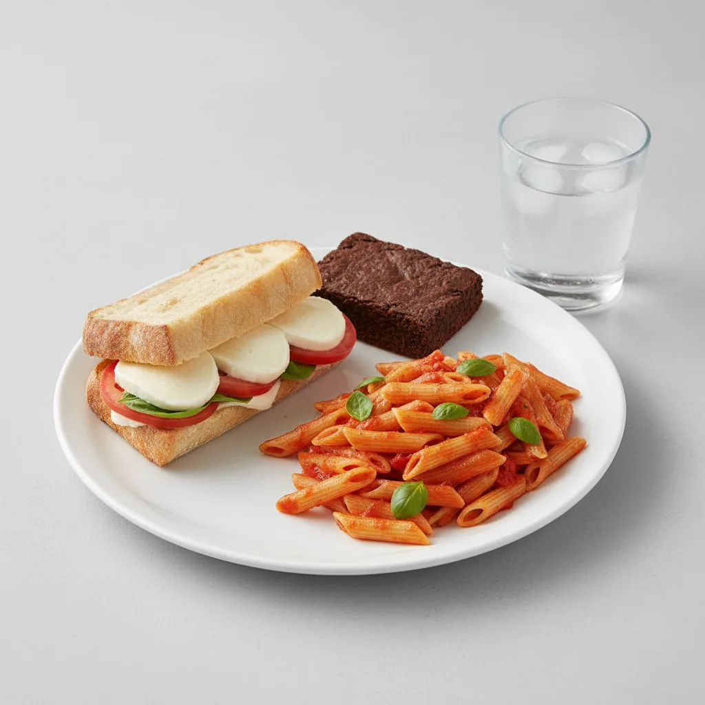 Mozzarella, Tomato and Basil Sandwich, Tomato Basil Penne, Eli's Brownie, Water Mozzarella, Tomato and Basil Sandwich, Tomato Basil Penne, Eli's Brownie, Water