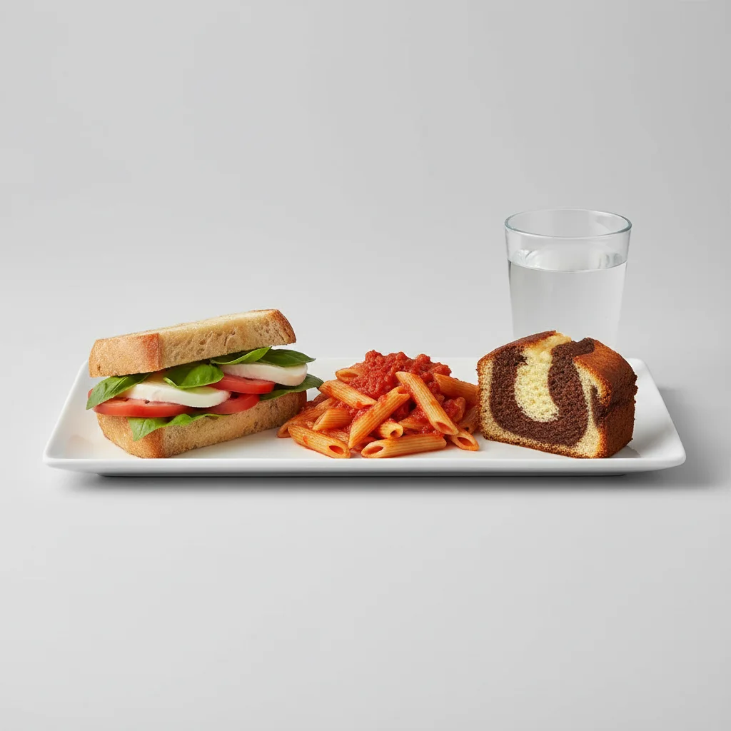 Mozzarella, Tomato and Basil Sandwich, Tomato Basil Penne, Poundcake, Water Mozzarella, Tomato and Basil Sandwich, Tomato Basil Penne, Poundcake, Water