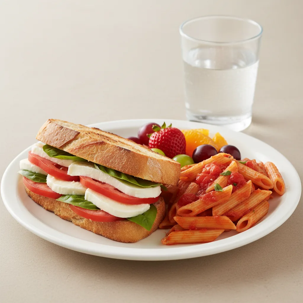 Mozzarella, Tomato and Basil Sandwich, Tomato Basil Penne, Fruit, Water Mozzarella, Tomato and Basil Sandwich, Tomato Basil Penne, Fruit, Water