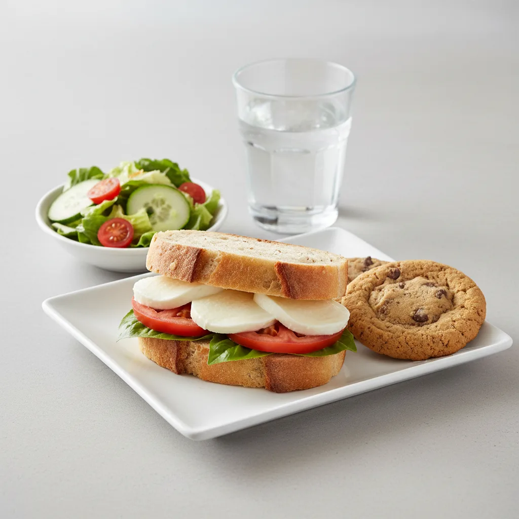 Mozzarella, Tomato and Basil Sandwich, House Salad, Cookie, Water Mozzarella, Tomato and Basil Sandwich, House Salad, Cookie, Water