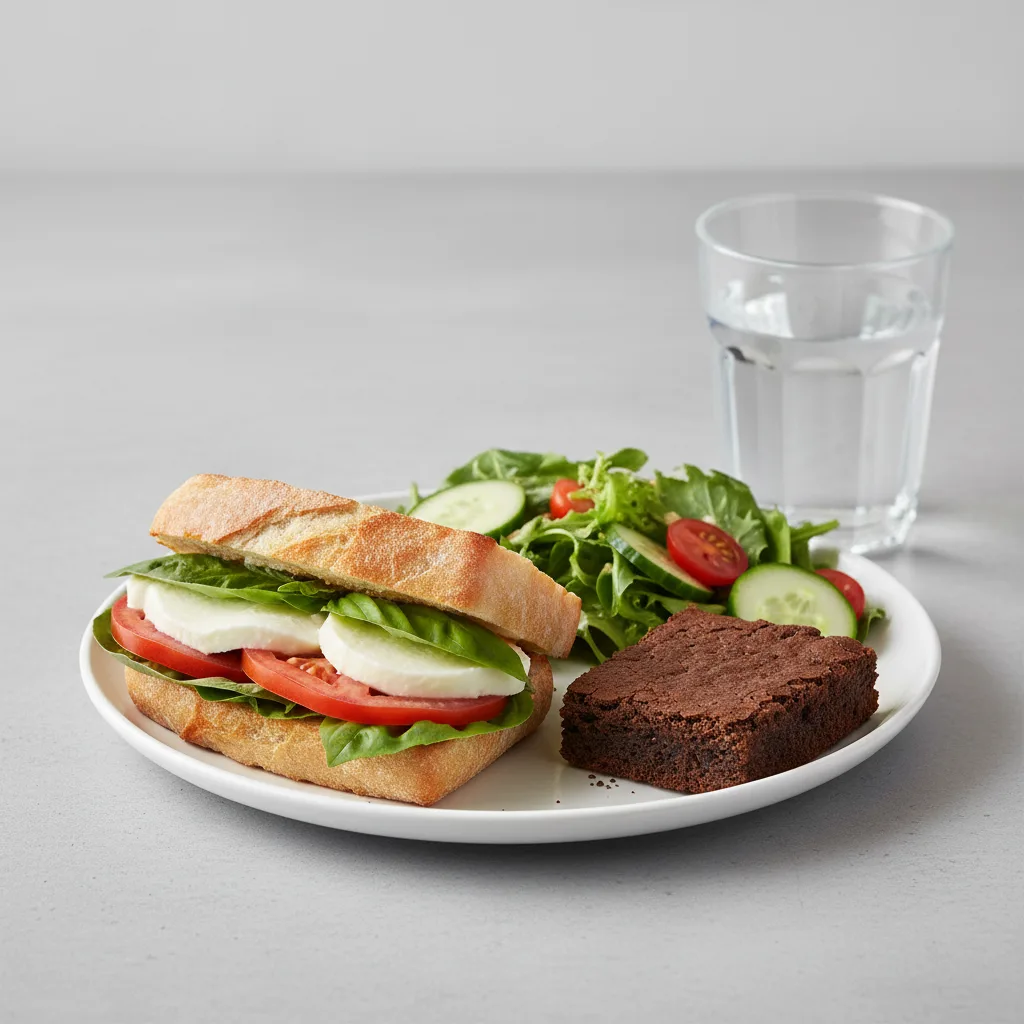 Mozzarella, Tomato and Basil Sandwich, House Salad, Eli's Brownie, Water Mozzarella, Tomato and Basil Sandwich, House Salad, Eli's Brownie, Water