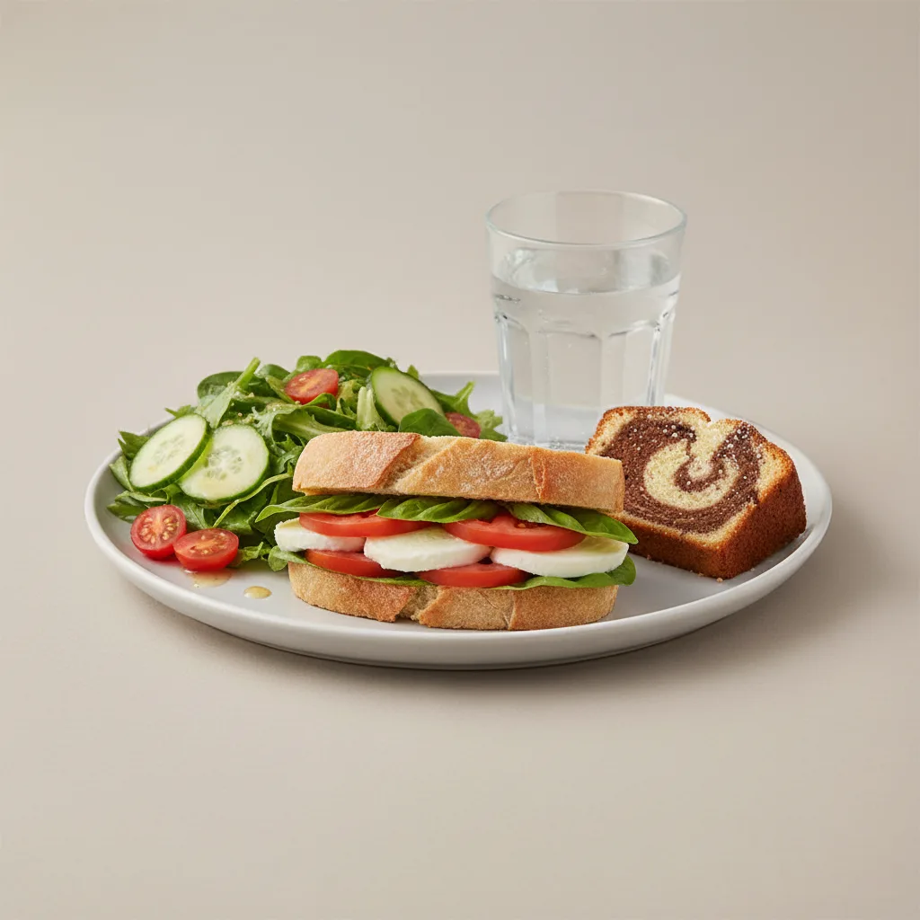 Mozzarella, Tomato and Basil Sandwich, House Salad, Poundcake, Water Mozzarella, Tomato and Basil Sandwich, House Salad, Poundcake, Water