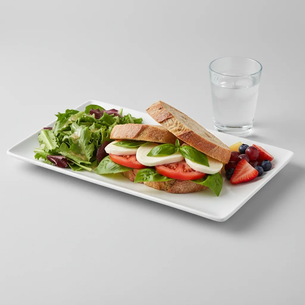 Mozzarella, Tomato and Basil Sandwich, House Salad, Fruit, Water Mozzarella, Tomato and Basil Sandwich, House Salad, Fruit, Water