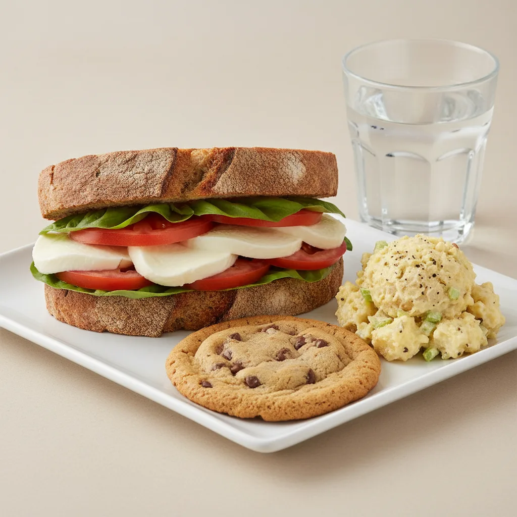 Mozzarella, Tomato and Basil Sandwich, Potato Salad, Cookie, Water Mozzarella, Tomato and Basil Sandwich, Potato Salad, Cookie, Water