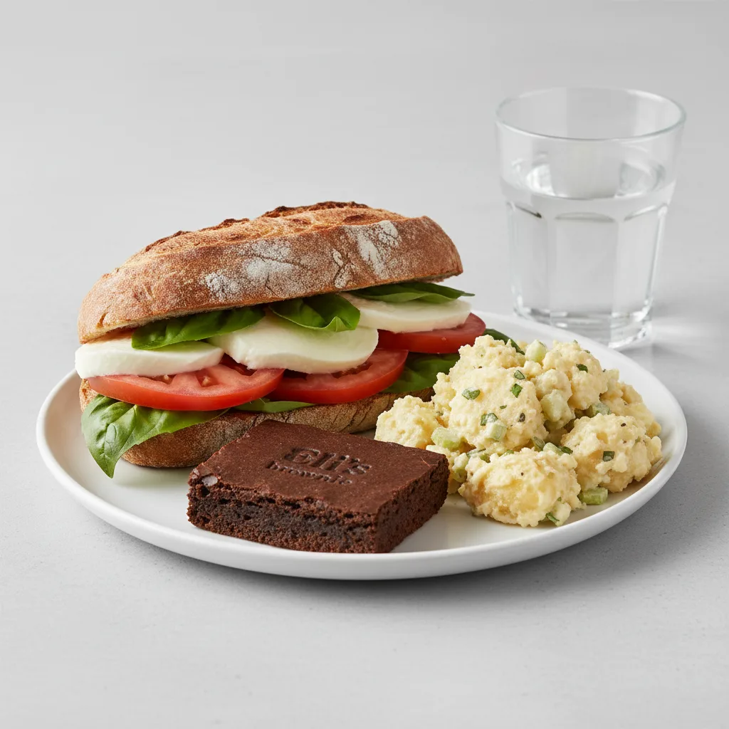 Mozzarella, Tomato and Basil Sandwich, Potato Salad, Eli's Brownie, Water Mozzarella, Tomato and Basil Sandwich, Potato Salad, Eli's Brownie, Water