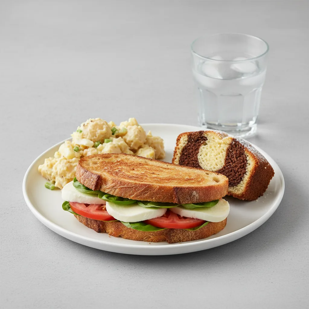 Mozzarella, Tomato and Basil Sandwich, Potato Salad, Poundcake, Water Mozzarella, Tomato and Basil Sandwich, Potato Salad, Poundcake, Water