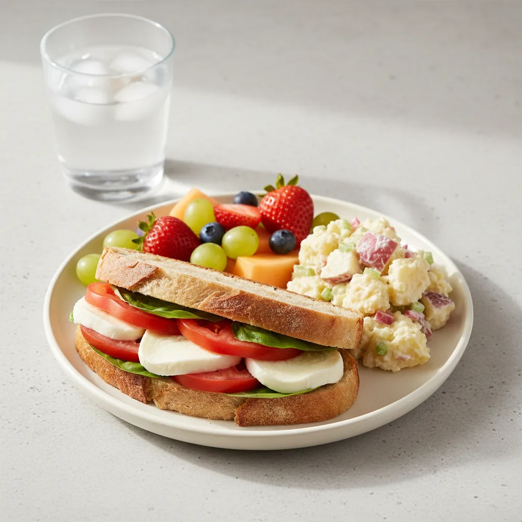Mozzarella, Tomato and Basil Sandwich, Potato Salad, Fruit, Water Mozzarella, Tomato and Basil Sandwich, Potato Salad, Fruit, Water