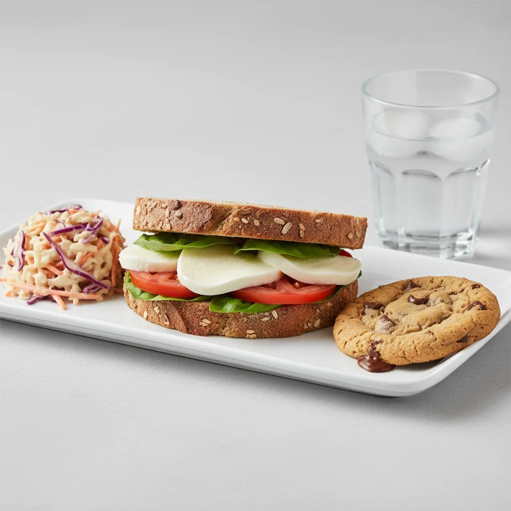 Mozzarella, Tomato and Basil Sandwich, Coleslaw, Cookie, Water Mozzarella, Tomato and Basil Sandwich, Coleslaw, Cookie, Water