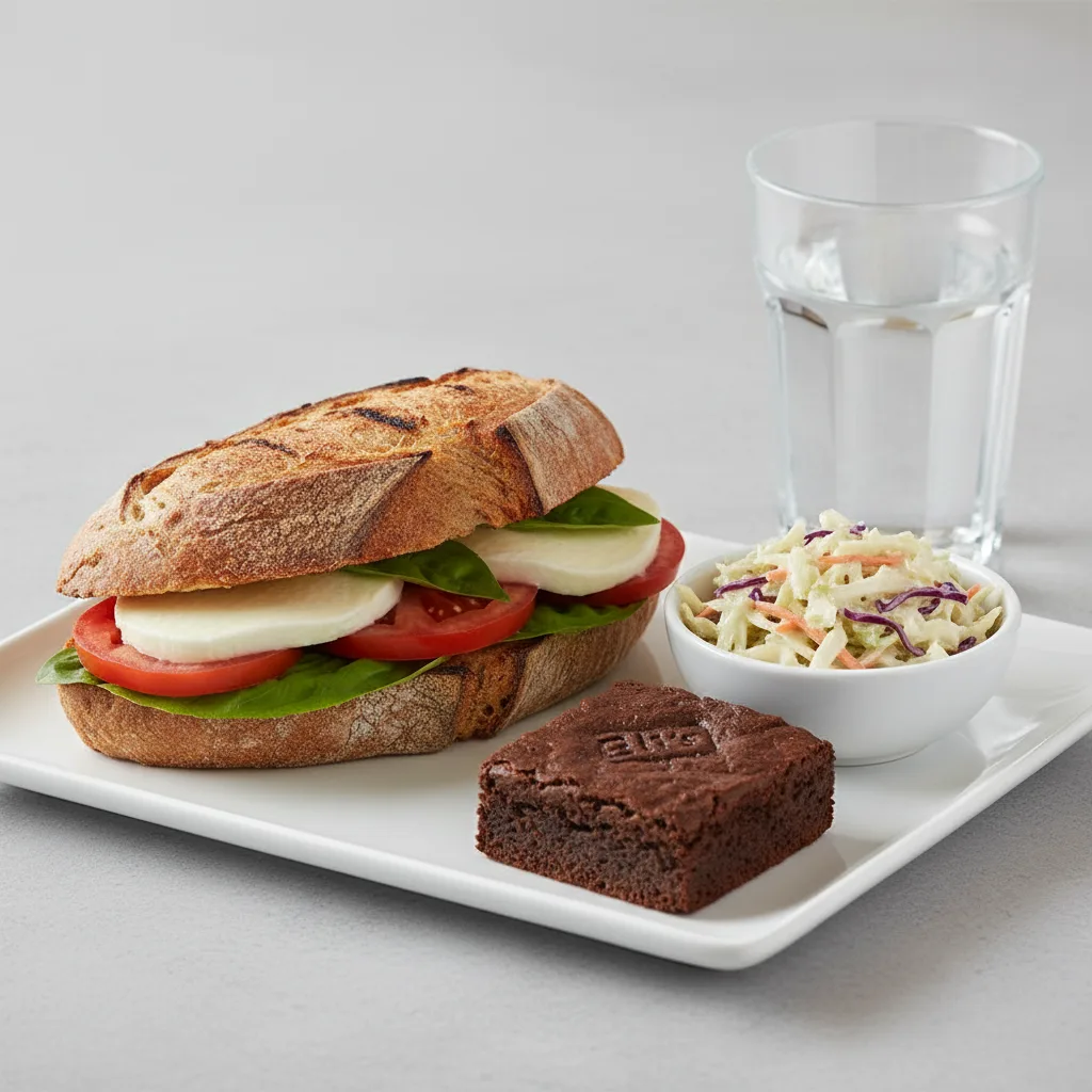 Mozzarella, Tomato and Basil Sandwich, Coleslaw, Eli's Brownie, Water Mozzarella, Tomato and Basil Sandwich, Coleslaw, Eli's Brownie, Water