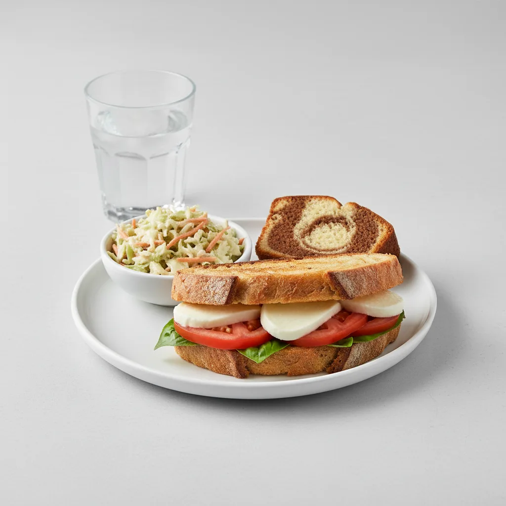 Mozzarella, Tomato and Basil Sandwich, Coleslaw, Poundcake, Water Mozzarella, Tomato and Basil Sandwich, Coleslaw, Poundcake, Water