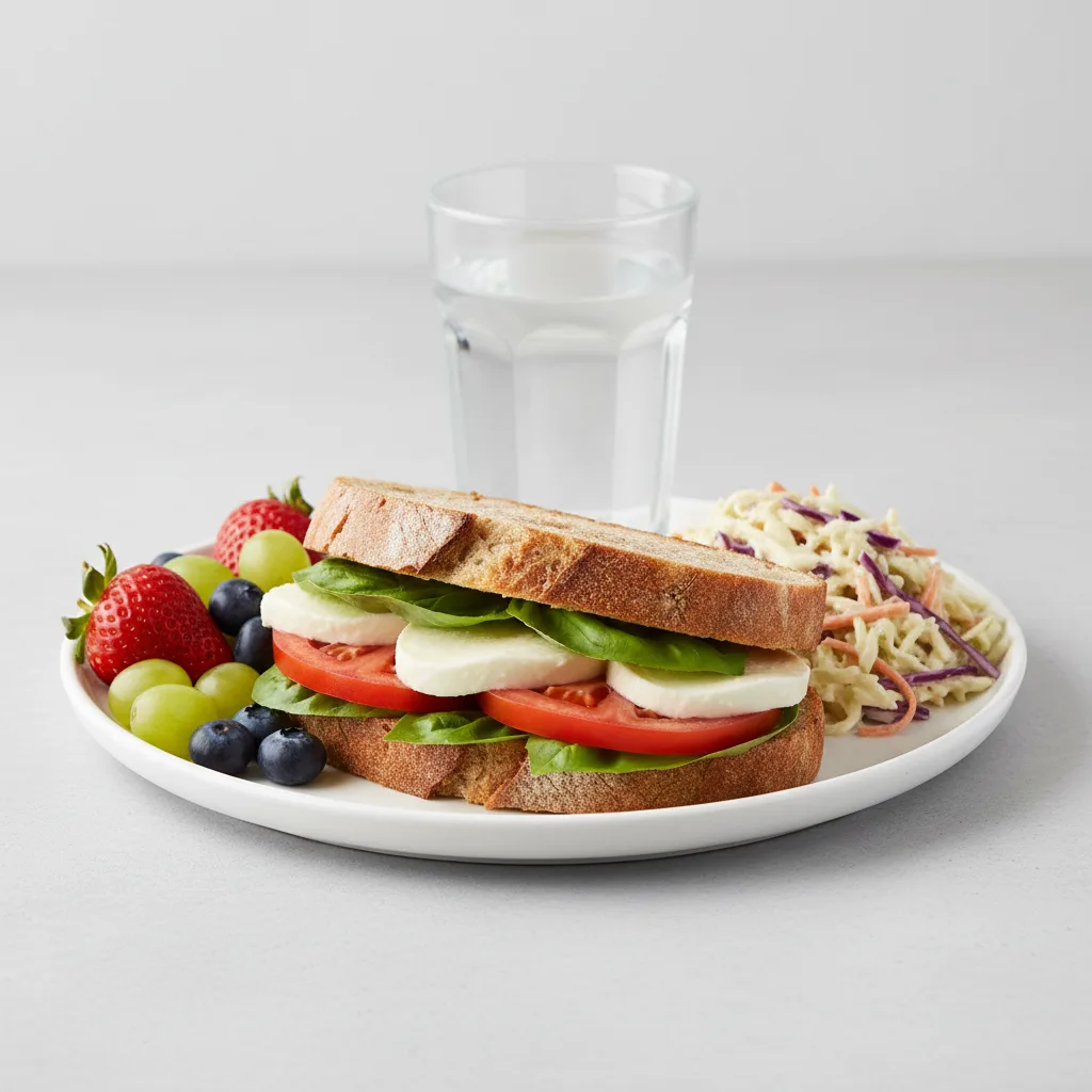 Mozzarella, Tomato and Basil Sandwich, Coleslaw, Fruit, Water Mozzarella, Tomato and Basil Sandwich, Coleslaw, Fruit, Water
