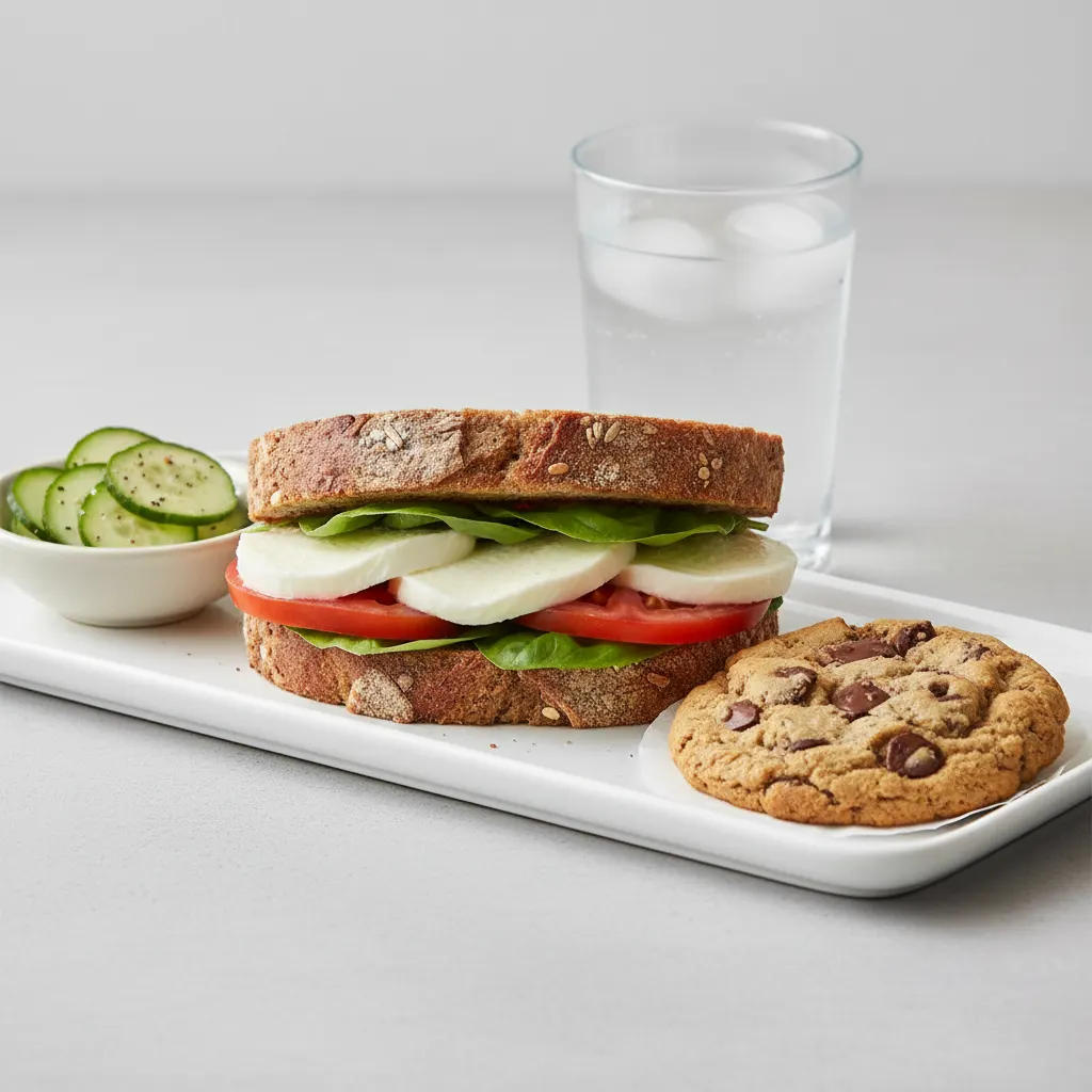 Mozzarella, Tomato and Basil Sandwich, Cucumber Salad, Cookie, Water Mozzarella, Tomato and Basil Sandwich, Cucumber Salad, Cookie, Water