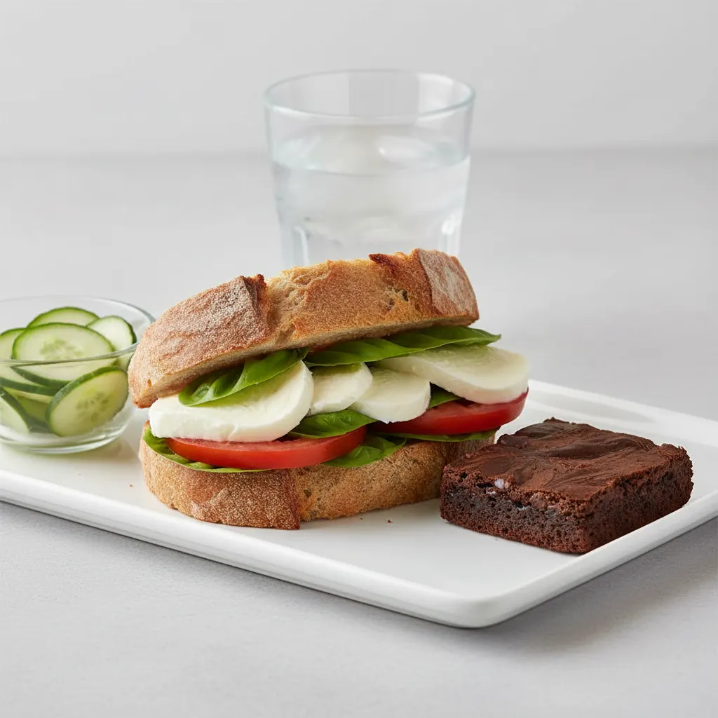 Mozzarella, Tomato and Basil Sandwich, Cucumber Salad, Eli's Brownie, Water Mozzarella, Tomato and Basil Sandwich, Cucumber Salad, Eli's Brownie, Water