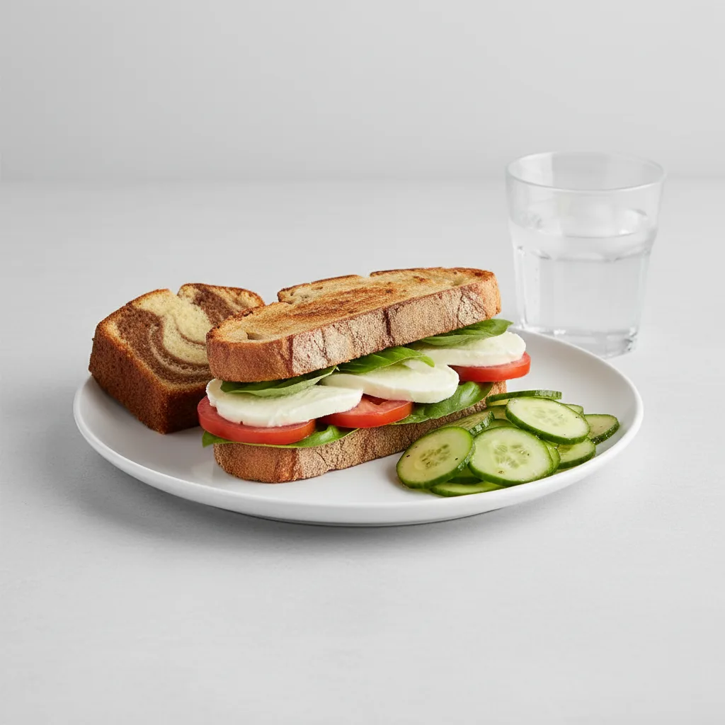 Mozzarella, Tomato and Basil Sandwich, Cucumber Salad, Poundcake, Water Mozzarella, Tomato and Basil Sandwich, Cucumber Salad, Poundcake, Water