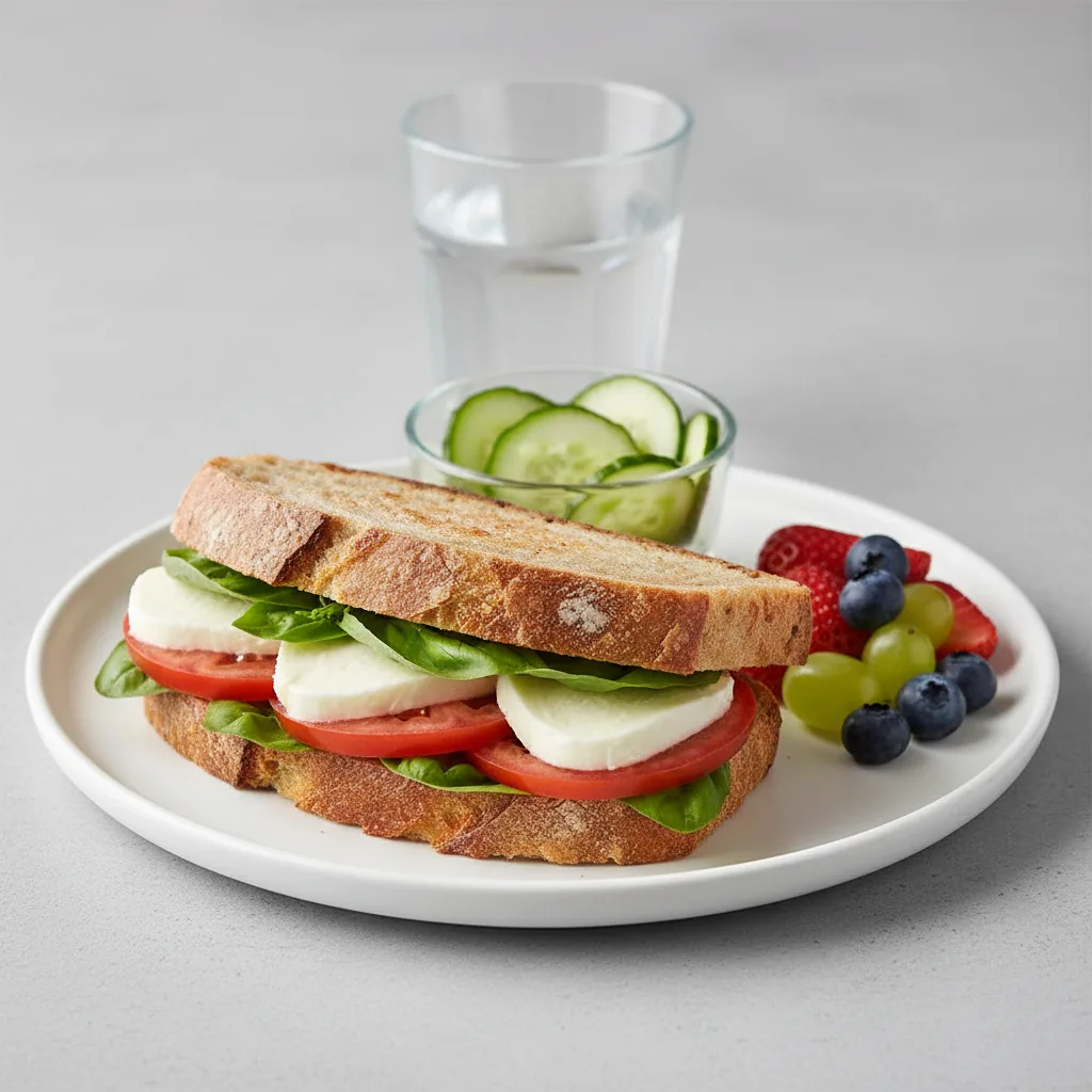 Mozzarella, Tomato and Basil Sandwich, Cucumber Salad, Fruit, Water Mozzarella, Tomato and Basil Sandwich, Cucumber Salad, Fruit, Water