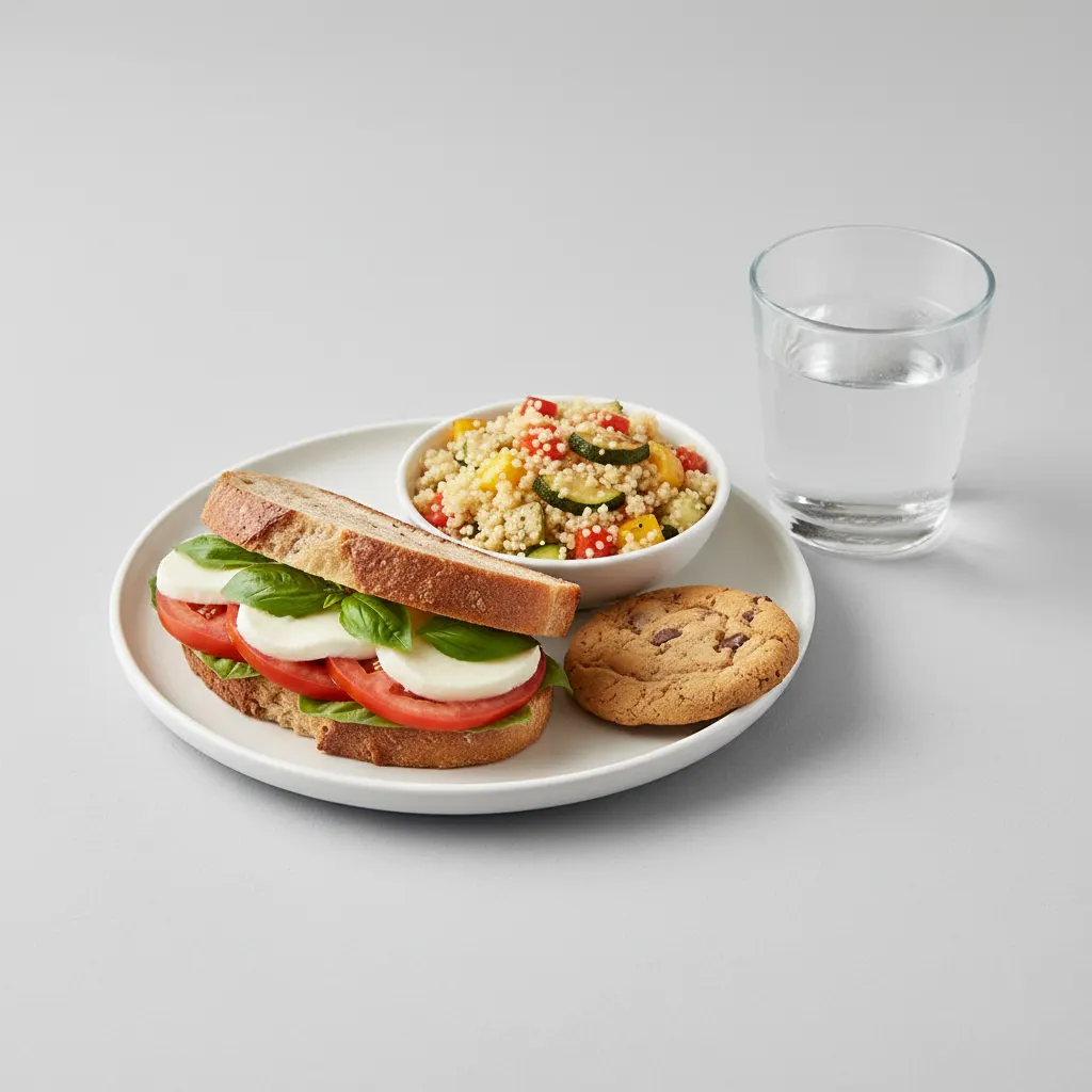 Mozzarella, Tomato and Basil Sandwich, Couscous, Cookie, Water Mozzarella, Tomato and Basil Sandwich, Couscous, Cookie, Water