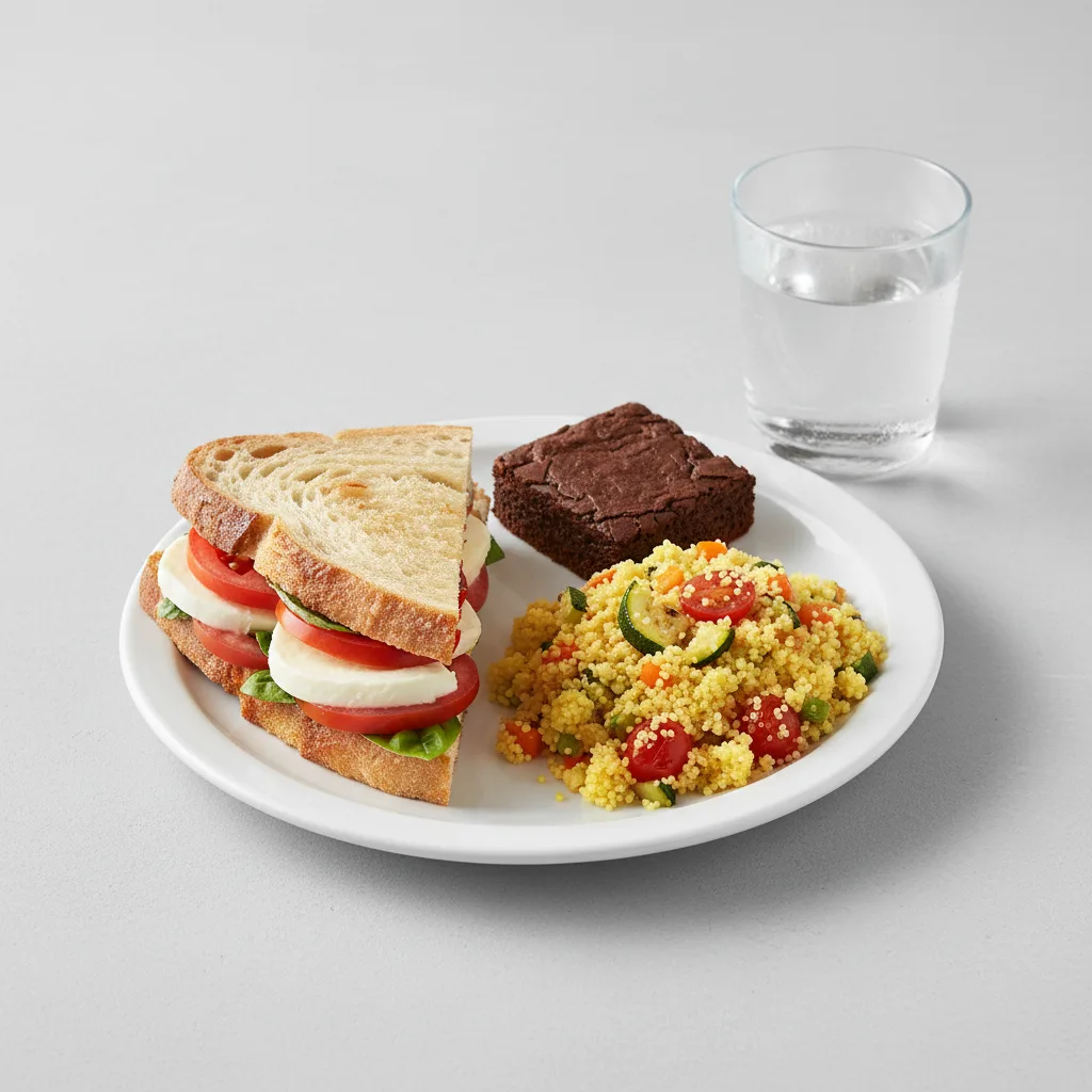 Mozzarella, Tomato and Basil Sandwich, Couscous, Eli's Brownie, Water Mozzarella, Tomato and Basil Sandwich, Couscous, Eli's Brownie, Water