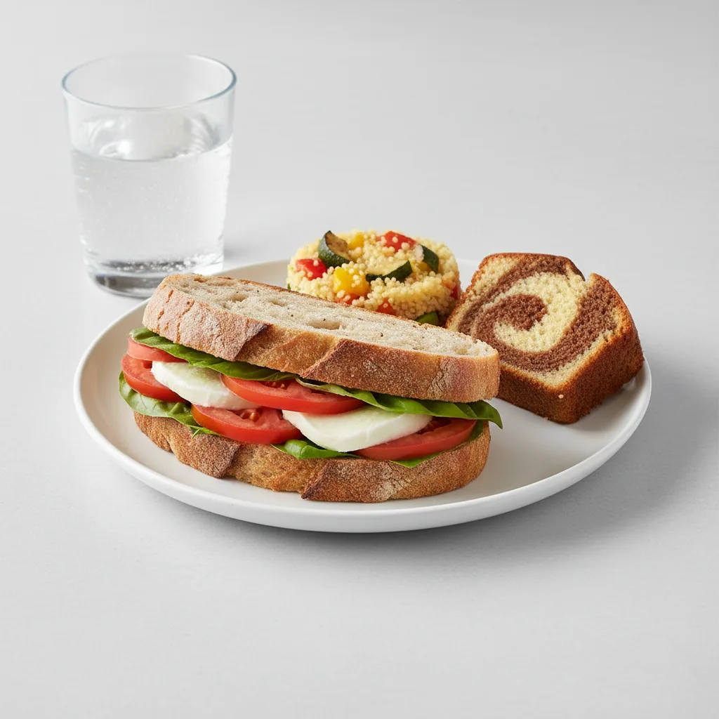 Mozzarella, Tomato and Basil Sandwich, Couscous, Poundcake, Water Mozzarella, Tomato and Basil Sandwich, Couscous, Poundcake, Water