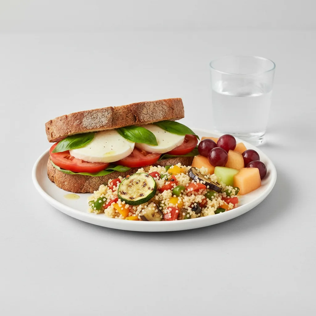 Mozzarella, Tomato and Basil Sandwich, Couscous, Fruit, Water Mozzarella, Tomato and Basil Sandwich, Couscous, Fruit, Water
