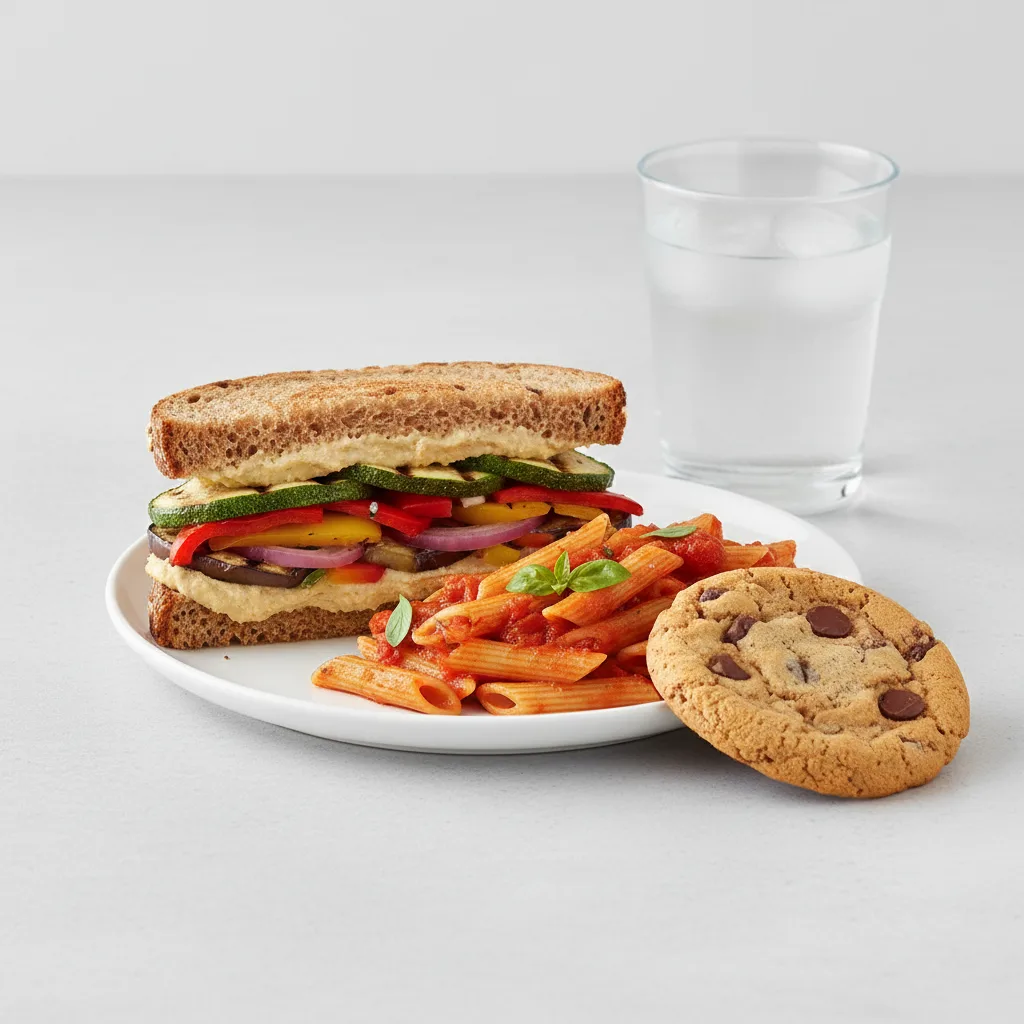 Grilled Vegetable and Hummus Sandwich, Tomato Basil Penne, Cookie, Water Grilled Vegetable and Hummus Sandwich, Tomato Basil Penne, Cookie, Water