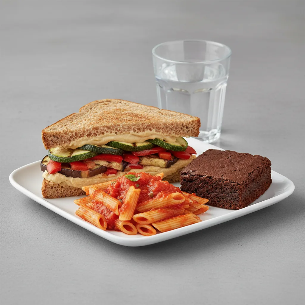 Grilled Vegetable and Hummus Sandwich, Tomato Basil Penne, Eli's Brownie, Water Grilled Vegetable and Hummus Sandwich, Tomato Basil Penne, Eli's Brownie, Water