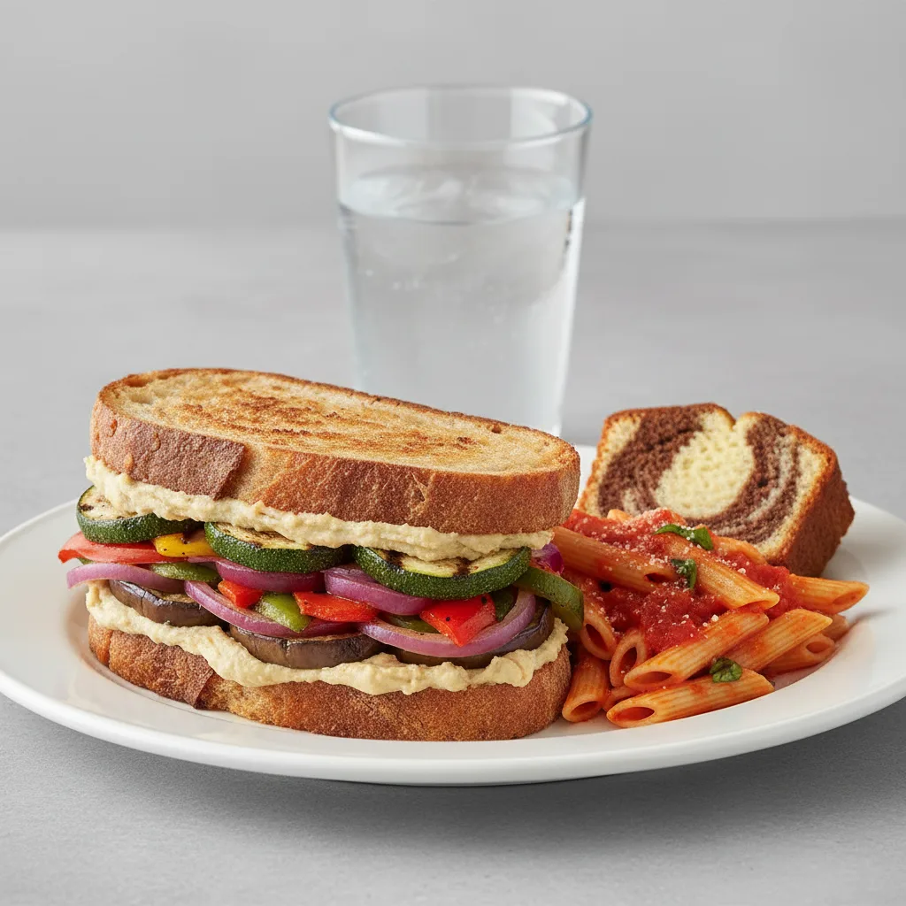 Grilled Vegetable and Hummus Sandwich, Tomato Basil Penne, Poundcake, Water Grilled Vegetable and Hummus Sandwich, Tomato Basil Penne, Poundcake, Water