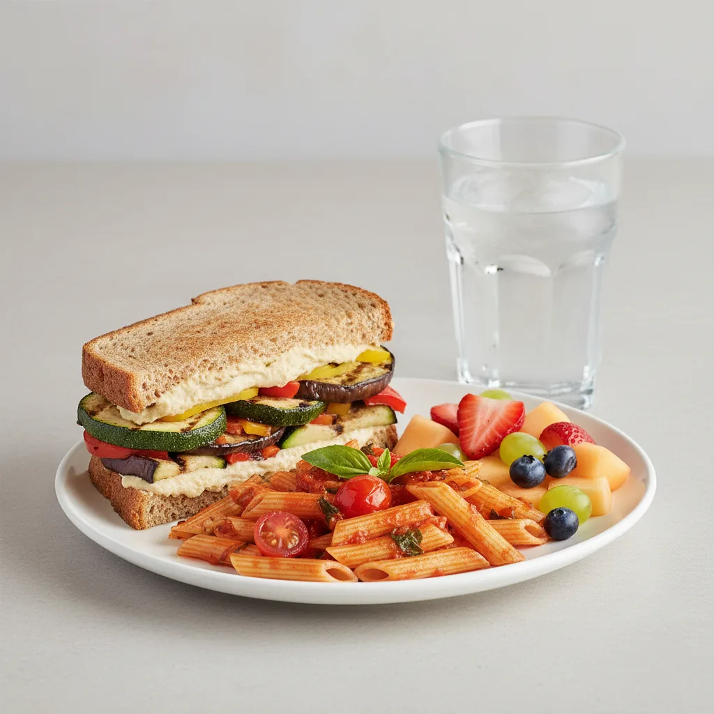 Grilled Vegetable and Hummus Sandwich, Tomato Basil Penne, Fruit, Water Grilled Vegetable and Hummus Sandwich, Tomato Basil Penne, Fruit, Water