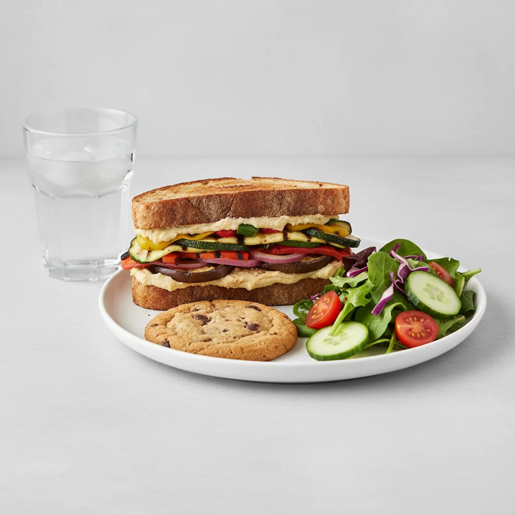 Grilled Vegetable and Hummus Sandwich, House Salad, Cookie, Water Grilled Vegetable and Hummus Sandwich, House Salad, Cookie, Water
