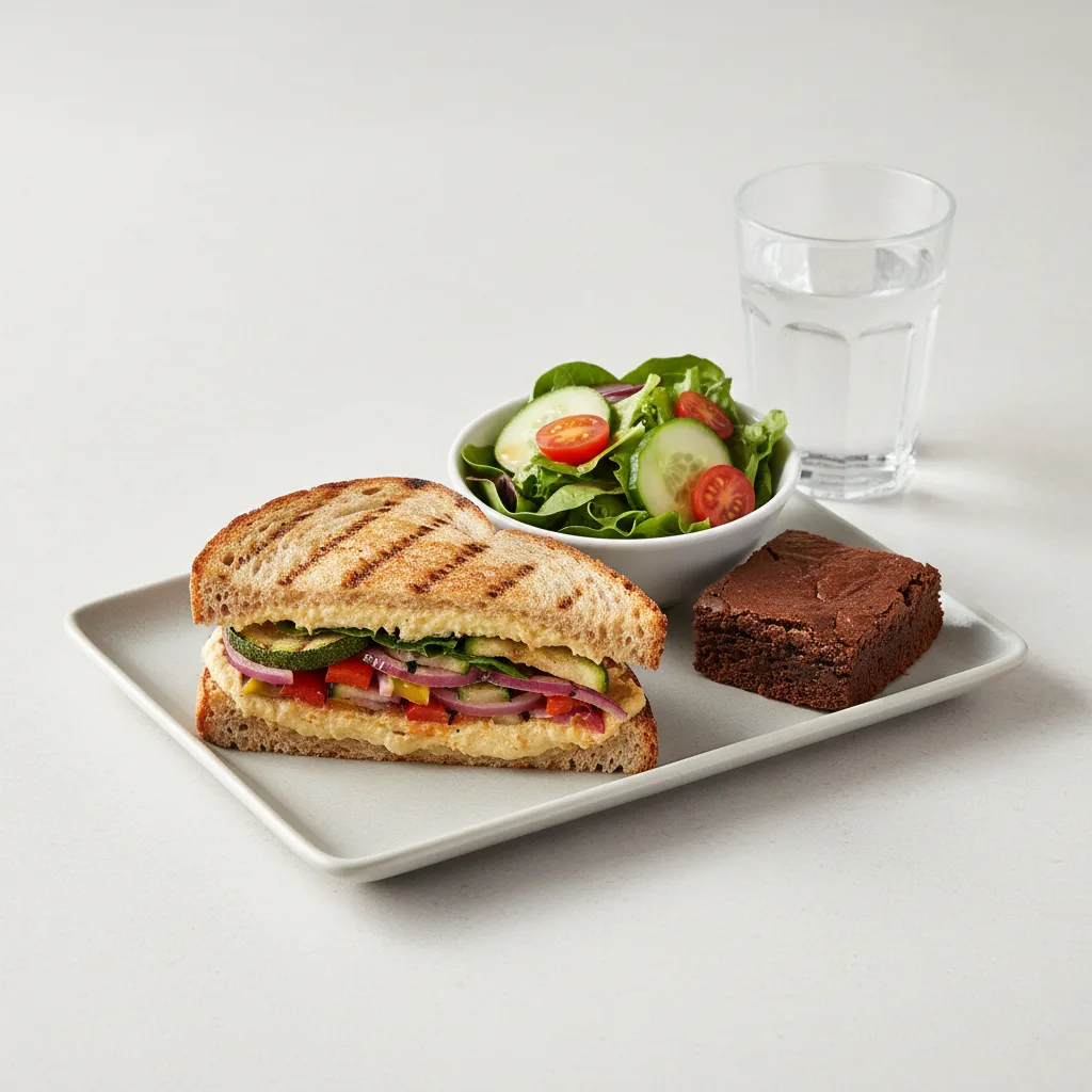 Grilled Vegetable and Hummus Sandwich, House Salad, Eli's Brownie, Water Grilled Vegetable and Hummus Sandwich, House Salad, Eli's Brownie, Water