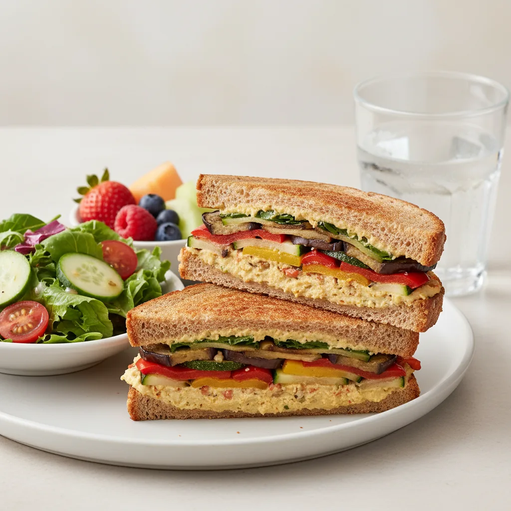 Grilled Vegetable and Hummus Sandwich, House Salad, Fruit, Water Grilled Vegetable and Hummus Sandwich, House Salad, Fruit, Water
