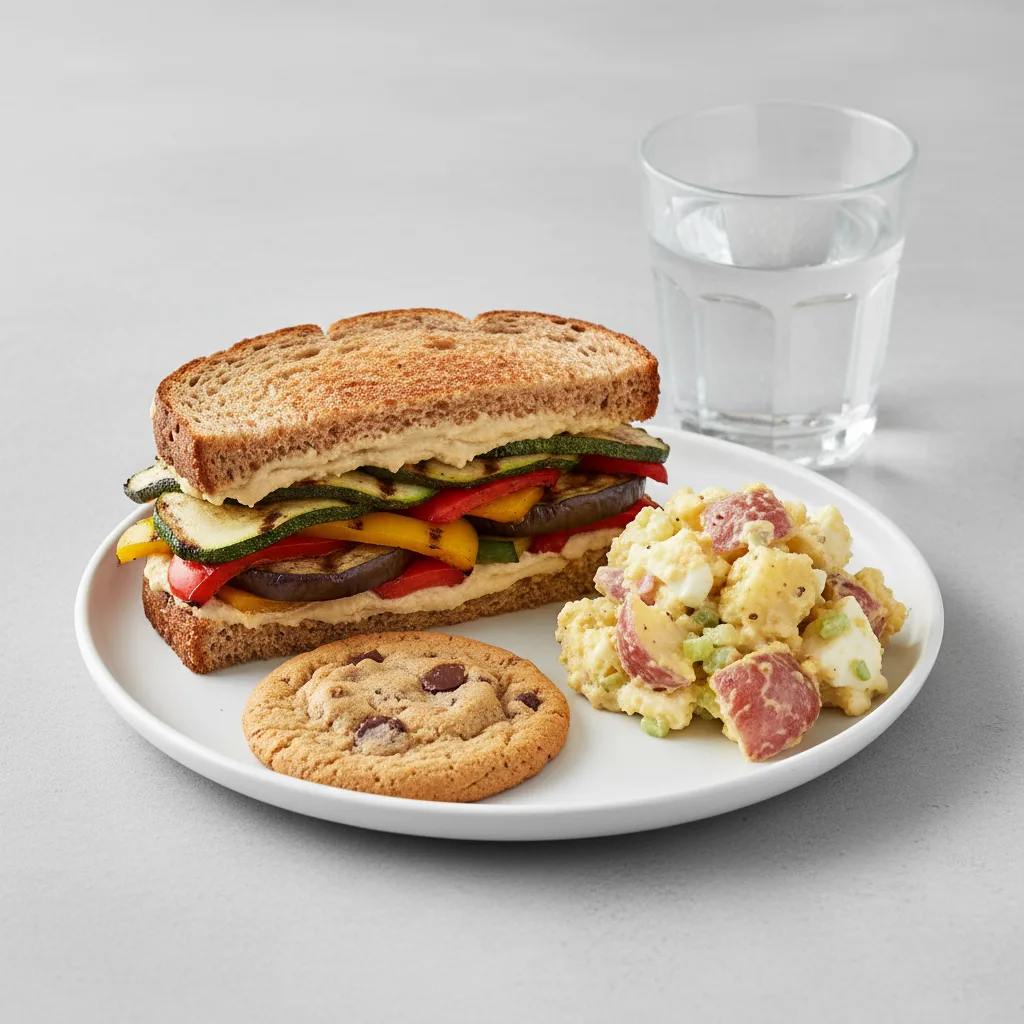 Grilled Vegetable and Hummus Sandwich, Potato Salad, Cookie, Water Grilled Vegetable and Hummus Sandwich, Potato Salad, Cookie, Water