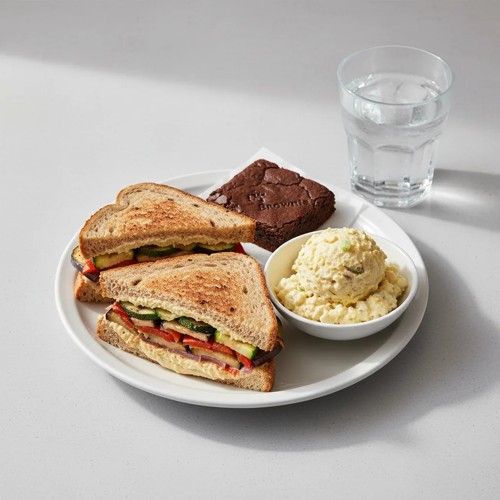 Grilled Vegetable and Hummus Sandwich, Potato Salad, Eli's Brownie, Water Grilled Vegetable and Hummus Sandwich, Potato Salad, Eli's Brownie, Water