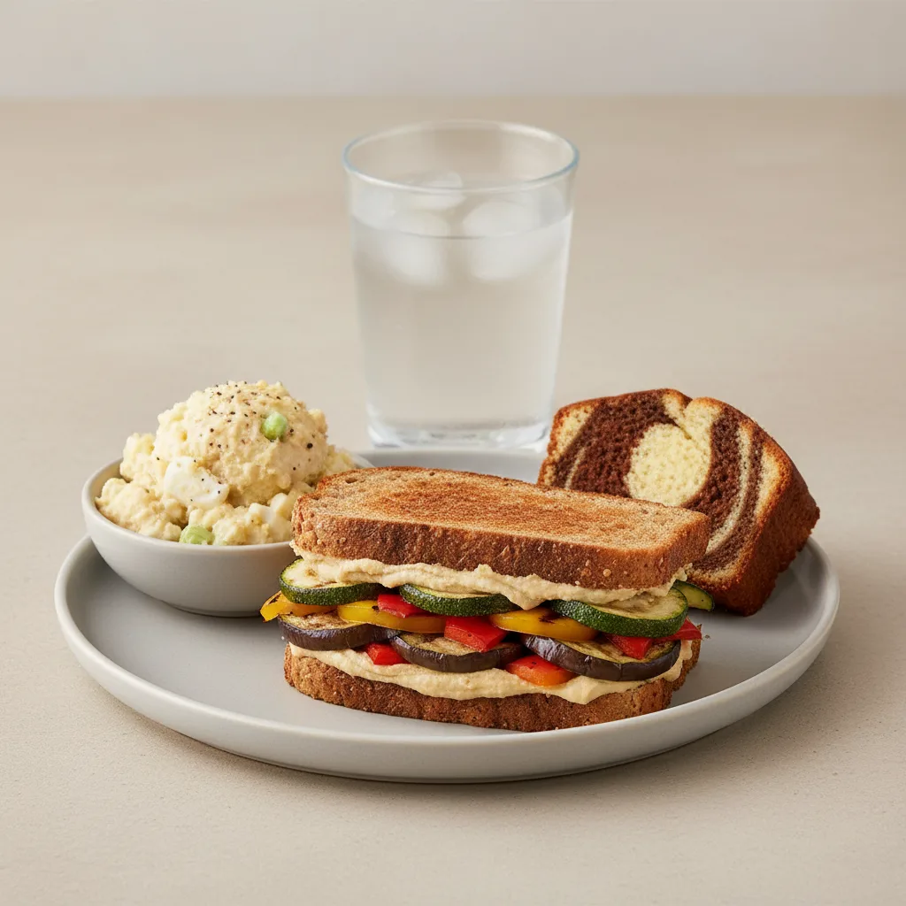 Grilled Vegetable and Hummus Sandwich, Potato Salad, Poundcake, Water Grilled Vegetable and Hummus Sandwich, Potato Salad, Poundcake, Water