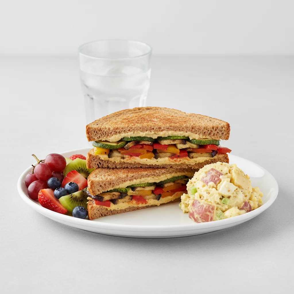 Grilled Vegetable and Hummus Sandwich, Potato Salad, Fruit, Water Grilled Vegetable and Hummus Sandwich, Potato Salad, Fruit, Water