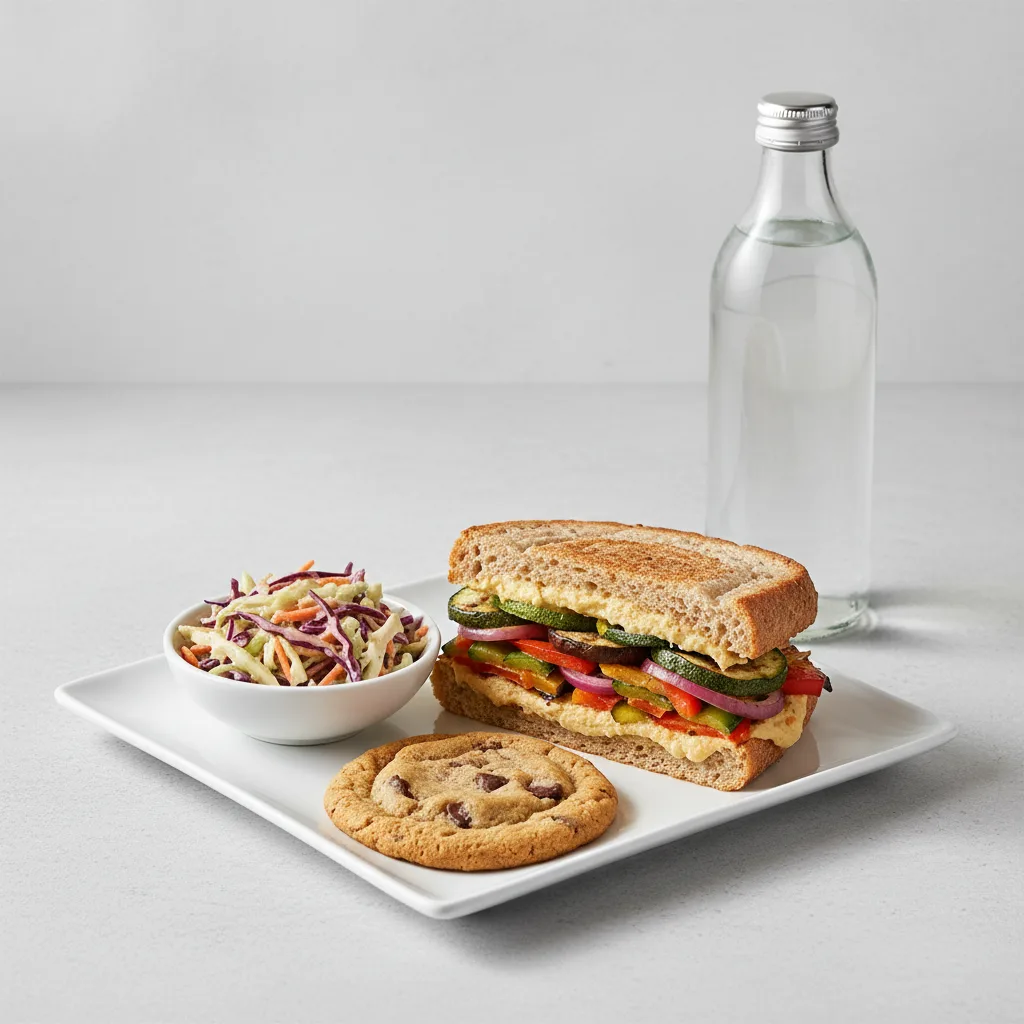 Grilled Vegetable and Hummus Sandwich, Coleslaw, Cookie, Water Grilled Vegetable and Hummus Sandwich, Coleslaw, Cookie, Water