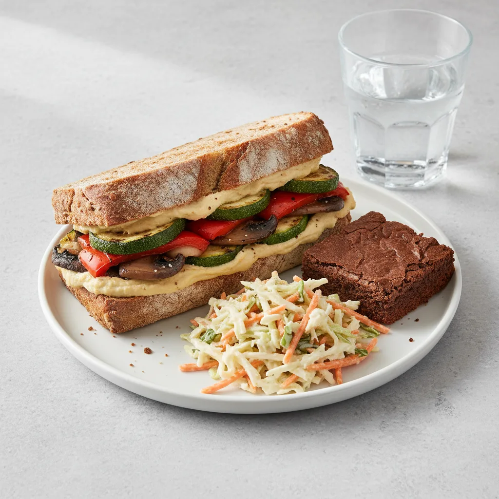 Grilled Vegetable and Hummus Sandwich, Coleslaw, Eli's Brownie, Water Grilled Vegetable and Hummus Sandwich, Coleslaw, Eli's Brownie, Water