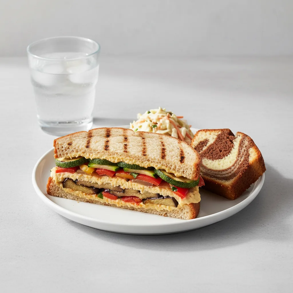 Grilled Vegetable and Hummus Sandwich, Coleslaw, Poundcake, Water Grilled Vegetable and Hummus Sandwich, Coleslaw, Poundcake, Water