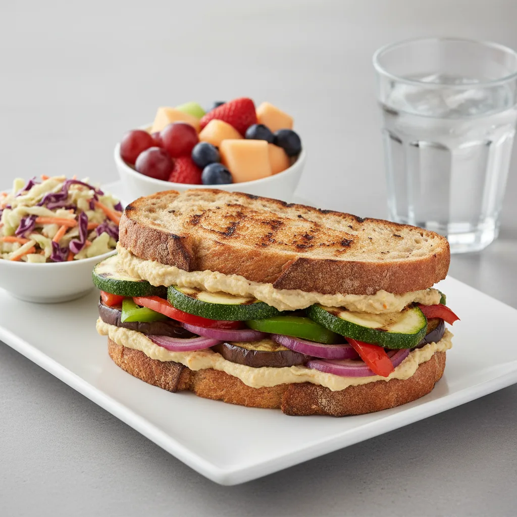 Grilled Vegetable and Hummus Sandwich, Coleslaw, Fruit, Water Grilled Vegetable and Hummus Sandwich, Coleslaw, Fruit, Water