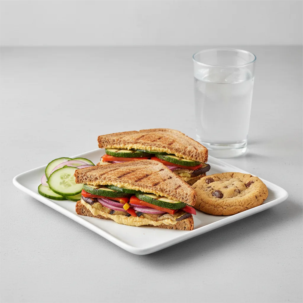 Grilled Vegetable and Hummus Sandwich, Cucumber Salad, Cookie, Water Grilled Vegetable and Hummus Sandwich, Cucumber Salad, Cookie, Water
