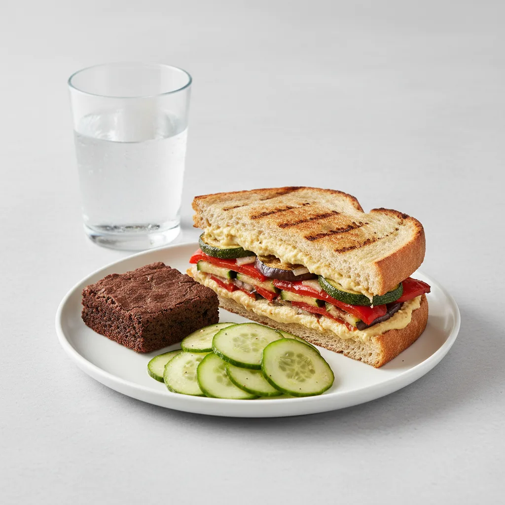 Grilled Vegetable and Hummus Sandwich, Cucumber Salad, Eli's Brownie, Water Grilled Vegetable and Hummus Sandwich, Cucumber Salad, Eli's Brownie, Water