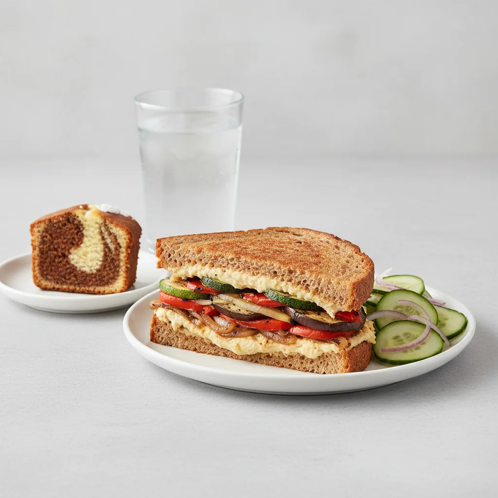 Grilled Vegetable and Hummus Sandwich, Cucumber Salad, Poundcake, Water Grilled Vegetable and Hummus Sandwich, Cucumber Salad, Poundcake, Water