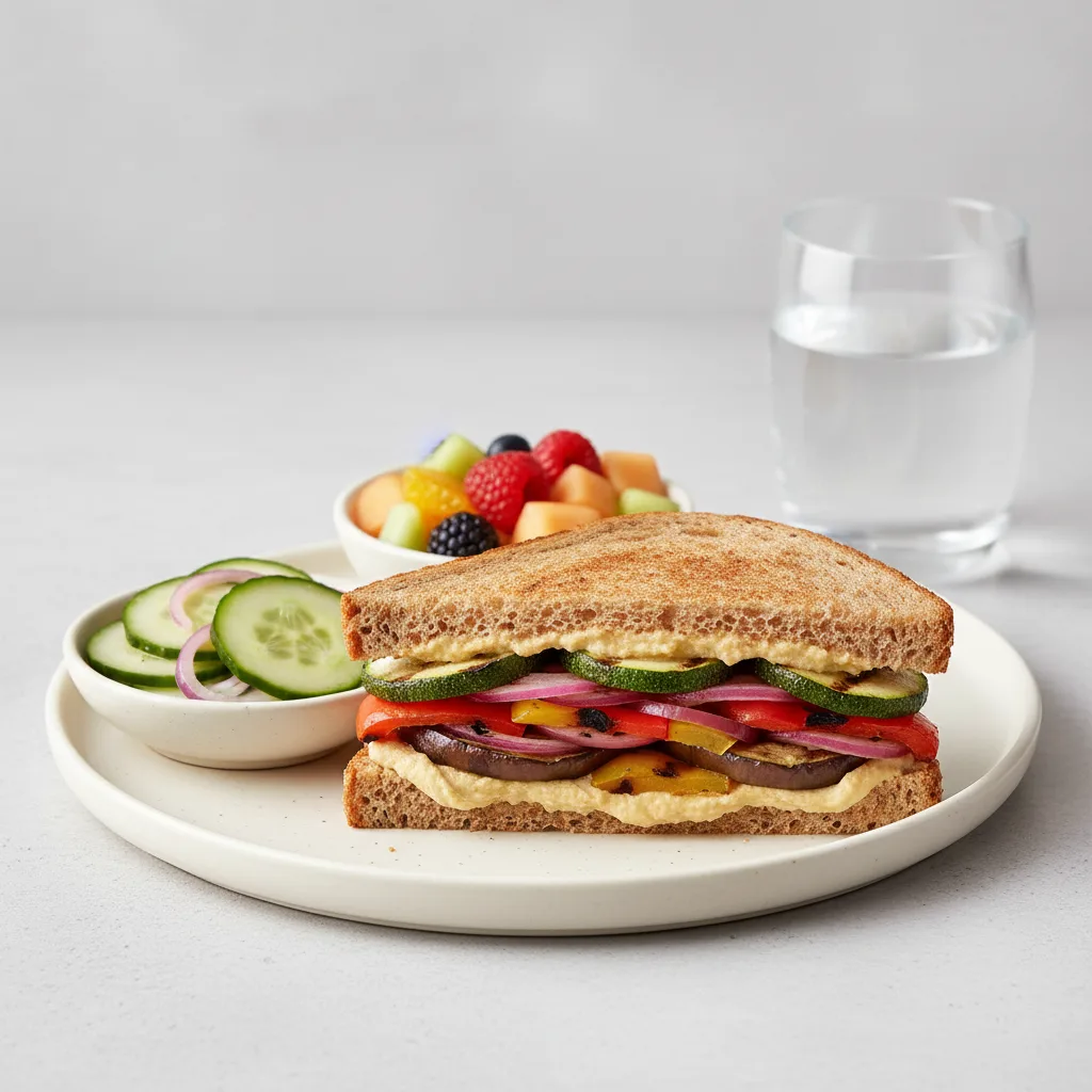 Grilled Vegetable and Hummus Sandwich, Cucumber Salad, Fruit, Water Grilled Vegetable and Hummus Sandwich, Cucumber Salad, Fruit, Water