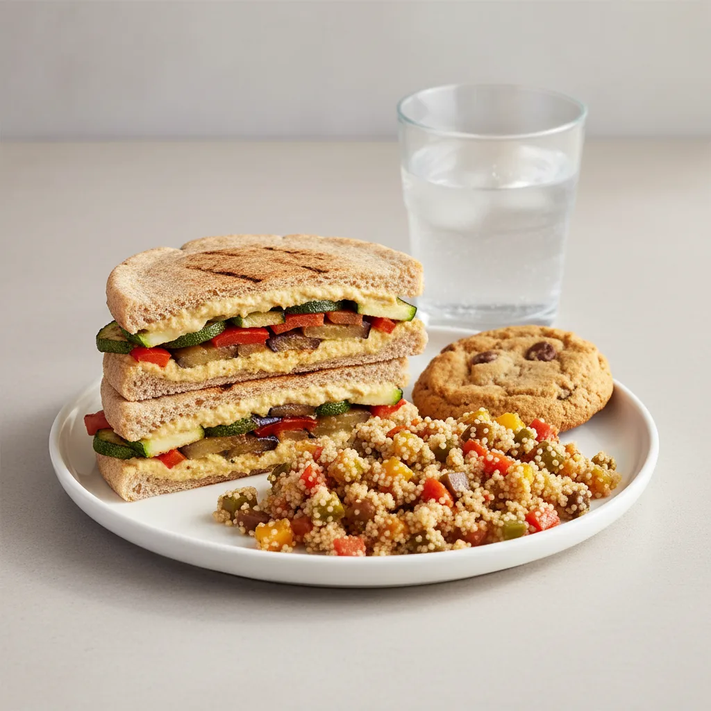 Grilled Vegetable and Hummus Sandwich, Couscous, Cookie, Water Grilled Vegetable and Hummus Sandwich, Couscous, Cookie, Water