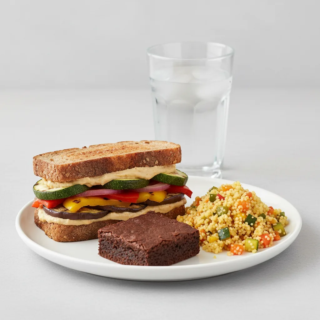 Grilled Vegetable and Hummus Sandwich, Couscous, Eli's Brownie, Water Grilled Vegetable and Hummus Sandwich, Couscous, Eli's Brownie, Water
