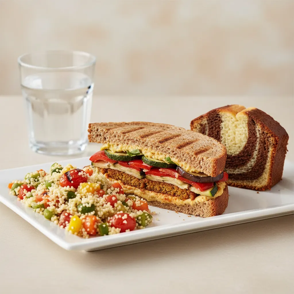 Grilled Vegetable and Hummus Sandwich, Couscous, Poundcake, Water Grilled Vegetable and Hummus Sandwich, Couscous, Poundcake, Water