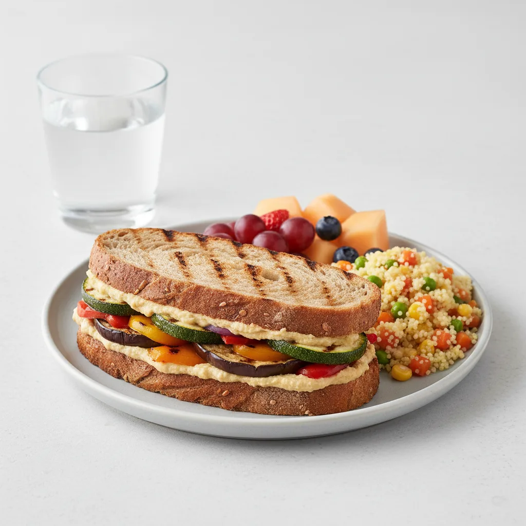 Grilled Vegetable and Hummus Sandwich, Couscous, Fruit, Water Grilled Vegetable and Hummus Sandwich, Couscous, Fruit, Water